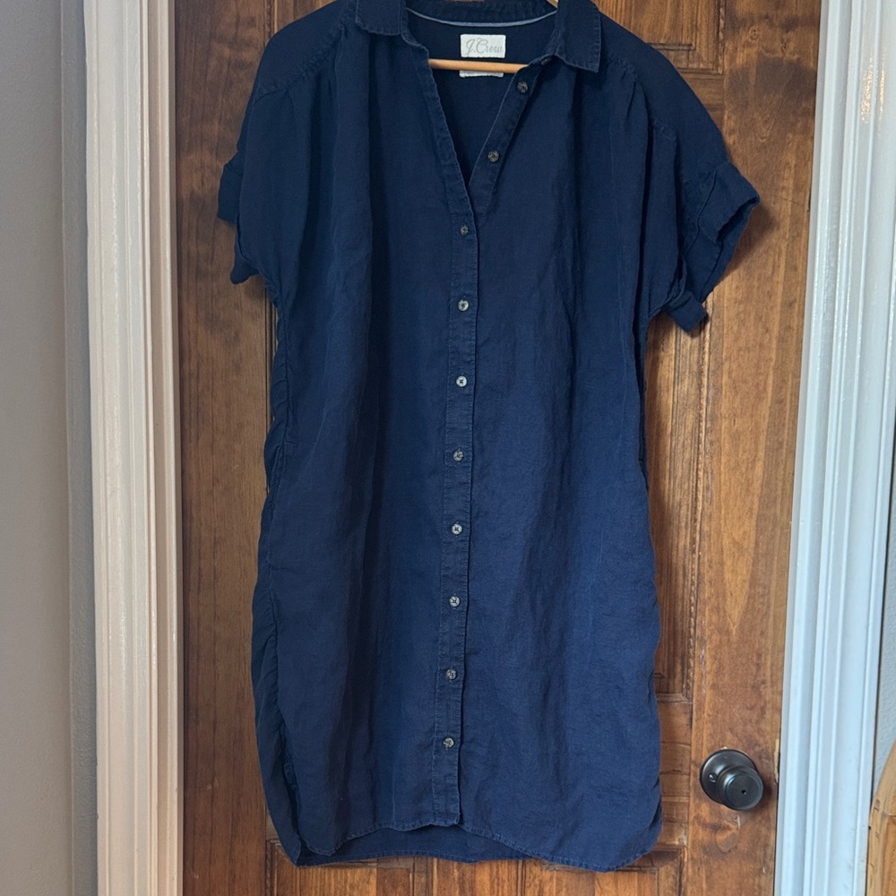 J. Crew Navy Button-Front Midi Linen Shirt Dress